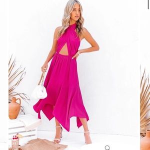 VICI COLLECTION Halter Cutout MIDI Dress Fuchsia
